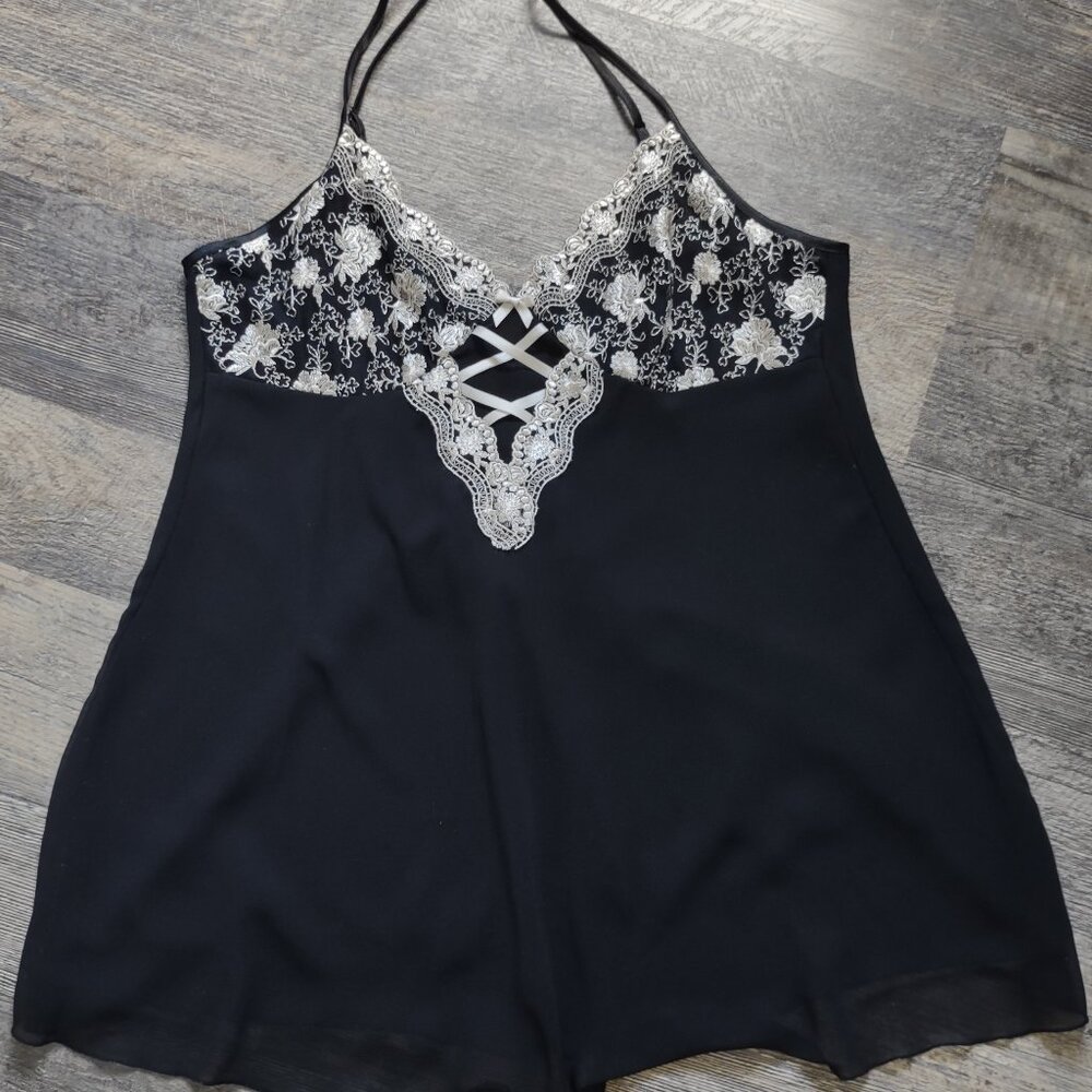 Linea Donatella Negligee & Robe Black w/ White Lace 2 Pc Set Sz Lg - Picture 4 of 11
